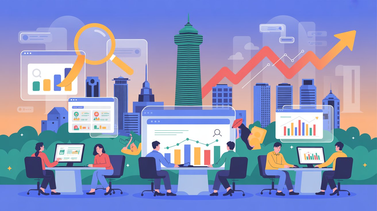 Tim seo specialist di seo agency sedang menganalisis data SEO di laptop dengan latar belakang kota Jakarta.