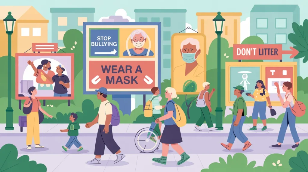 Illustration of non-commercial public service billboards displaying social messages like anti-bullying, mask-wearing, and anti-littering in an urban environment.
