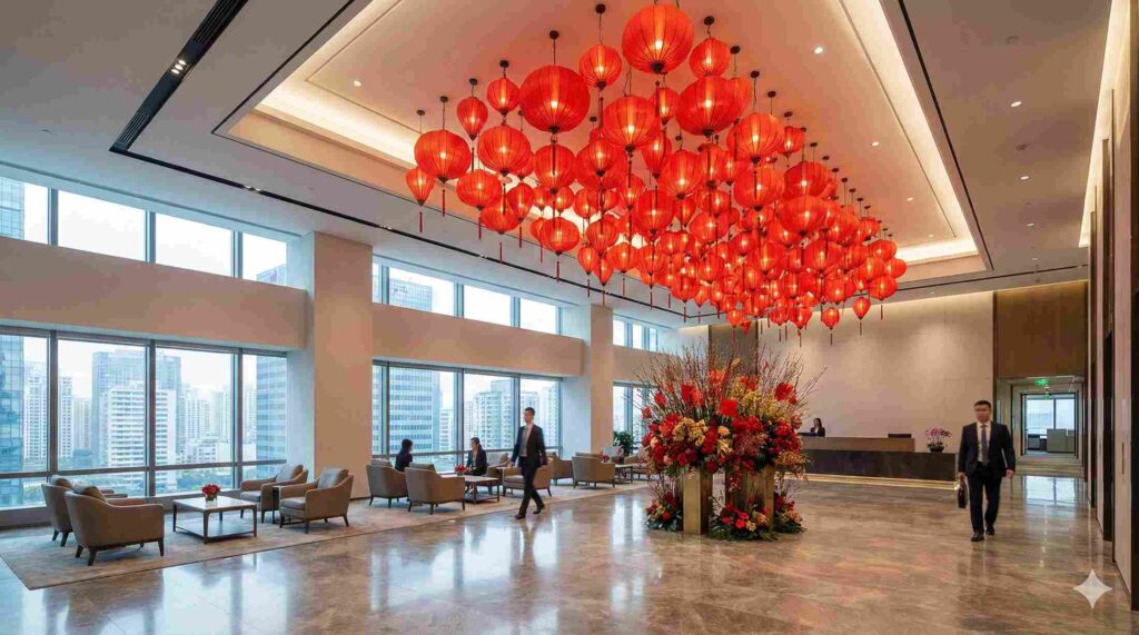 2 Ide Dekorasi Imlek untuk Lobby Kantor - Lampion Merah di Plafon Ruang Tunggu