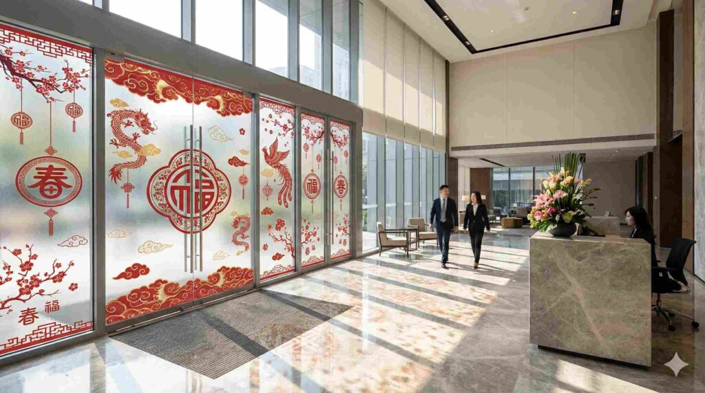 4 Ide Dekorasi Imlek untuk Lobby Kantor - Stiker Pintu Kaca Bernuansa Oriental