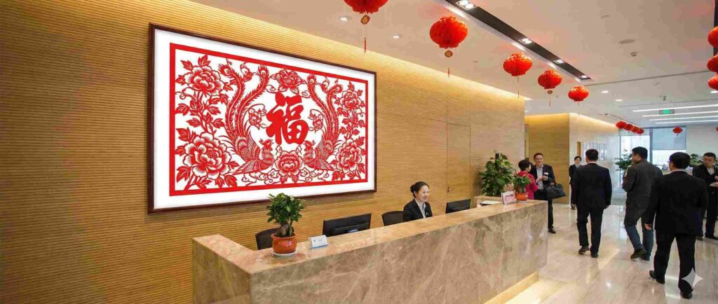 7 Ornamen Detail Pemanis Meja Resepsionis - Seni Potong Kertas (Paper Cutting) pada Dinding Belakang