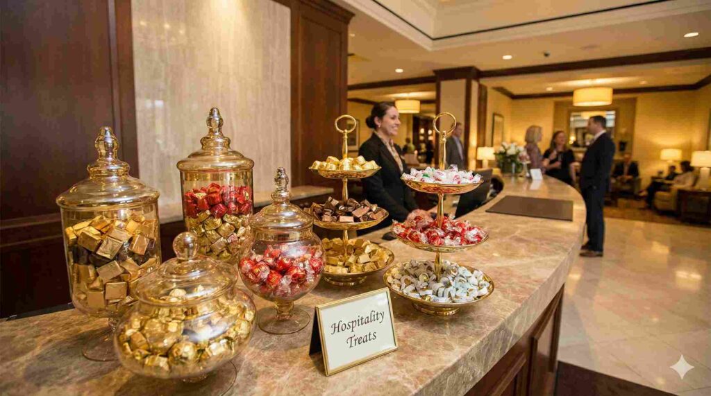 9 Ornamen Detail Pemanis Meja Resepsionis - Wadah Permen & Coklat Emas