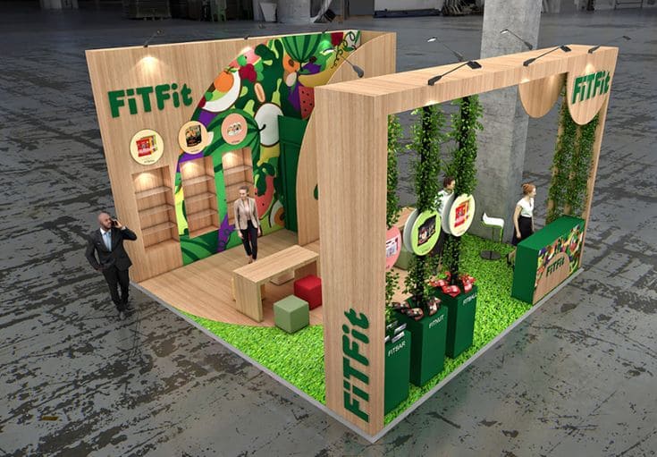 1 Ide Booth Pameran Minimalis - Perpaduan Plywood dan Tanaman Artificial