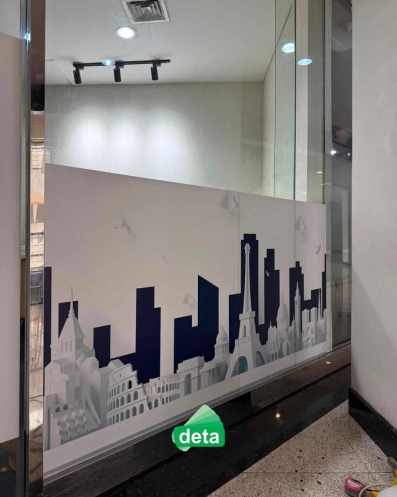 sticker kaca sandblast atau frosted kantor aladin travel by deta - sandblast motif city scape aesthetic