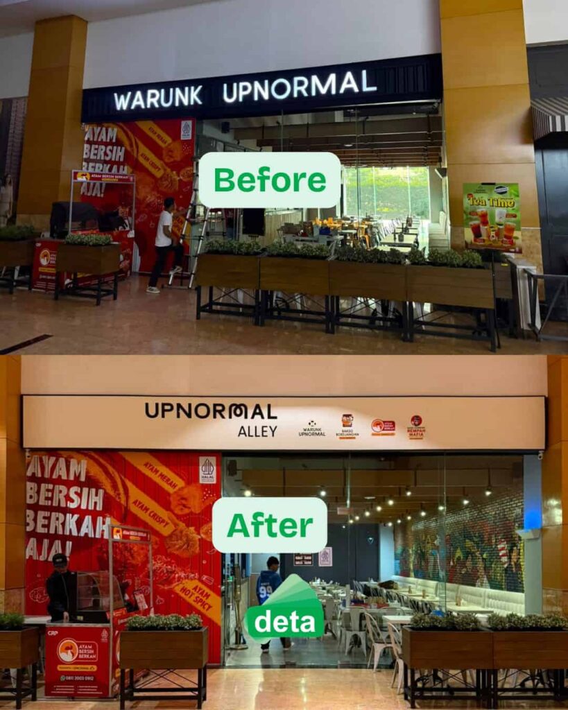 jasa signage atau papan nama toko deta untuk upnormal indofood tower - perbandingan before after rebranding signboard